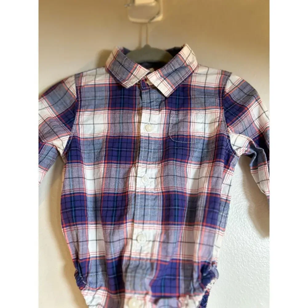 JANIE and JACK Boy’s Plaid Long Sleeve Onesie Shirt / Size: 3-6 Months